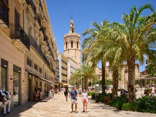 Passeggiata in una via di Valencia con palme e la torre della cattedrale. Ideale per percorsi a piedi.