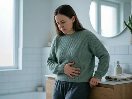 Kvinna med handen på magen, känner obehag som kan kopplas till mykoplasma i underlivet.