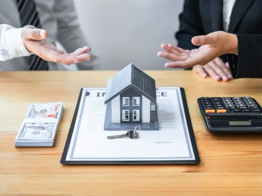 Negociación de honorarios inmobiliaria: casa modelo, llave, dinero y calculadora sobre un contrato.