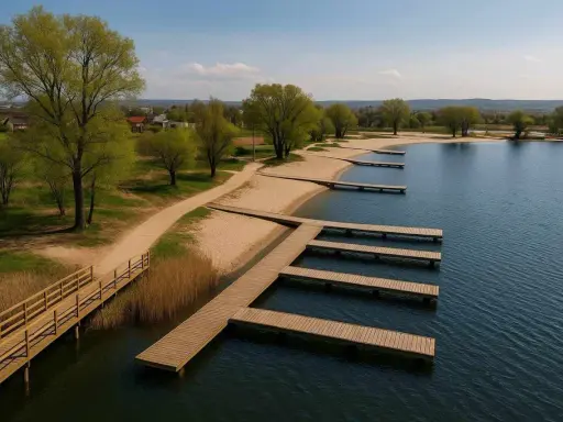 Drewniane pomosty w kształcie litery L i proste, prowadzące do wody, na piaszczystej plaży. W tle zielone drzewa i zabudowania. Idealne miejsce na wypoczynek nad wodą, jak na przylasku ruskim.