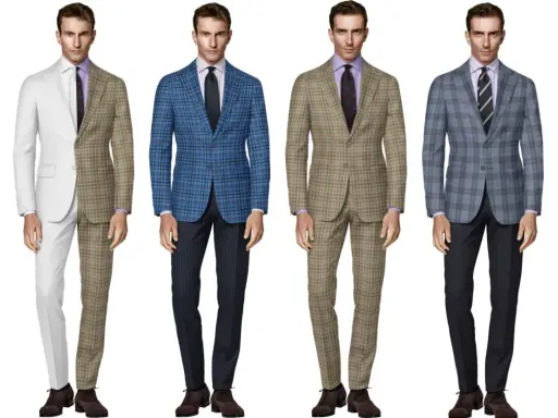 Four men model different suit combinations. One suit features dark green plaid, another is blue plaid, and a third is a tan plaid.
