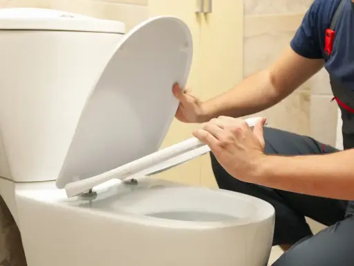 Un plombier en salopette commence à démonter la cuvette de toilette.