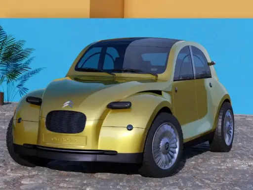 Un Citroën 2CV 2026 futurista, color dorado, con techo panorámico, frente a una pared azul y amarilla.