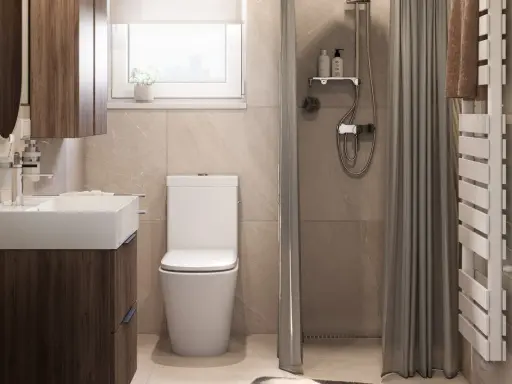 Moderne Ideen für ein kleines Bad: Waschtisch mit Holzunterschrank, weiße Toilette, Dusche mit Vorhang und Heizkörper.