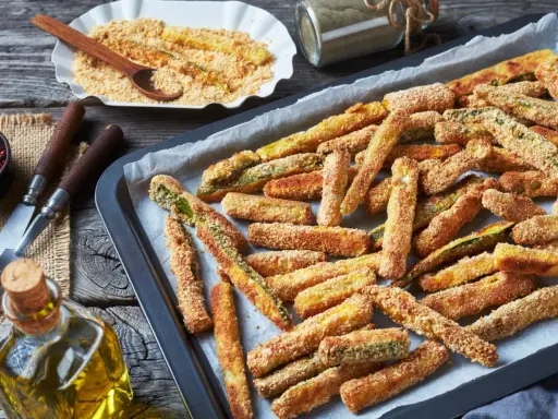 Fettine dorate di chips di zucchine pronte per essere gustate, su una teglia da forno.