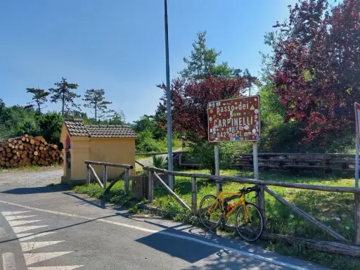 Bicicletta gialla appoggiata alla staccionata al Passo dei Carpinelli, con un cartello che indica l'altitudine e un piccolo edificio.