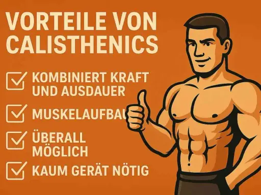 Vorteile von Calisthenics: Muskelaufbau, Kraft & Ausdauer, überall möglich, kaum Gerät nötig. Ein muskulöser Mann gibt Daumen hoch.