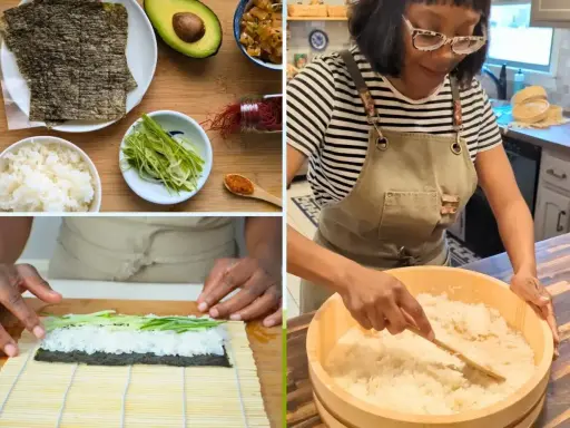 Przygotowanie ryżu do sushi: składniki, zwijanie rolki i mieszanie ryżu w drewnianej kadzi.