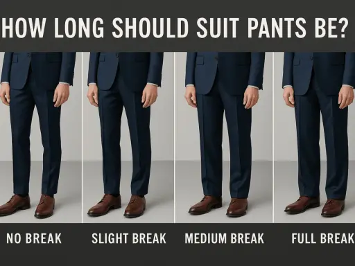 Four men's suits show how long should dress pants be, from no break to full break, illustrating pant hem length.