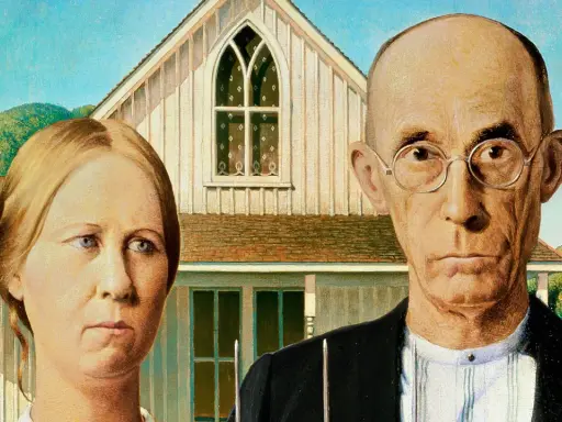 A farmer and his wife stand stoically before their farmhouse, a classic American Gothic painting.