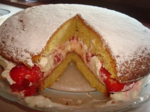 Puszysty biszkopt przełożony kremem i truskawkami, posypany cukrem pudrem. Klasyczny victoria sponge cake.