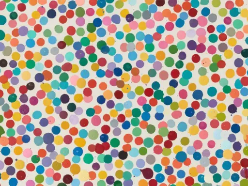 A vibrant canvas filled with colorful dots, a signature of Damien Hirst's "The Currency" series.