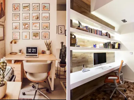 Deux bureaux modernes pour une **idée déco bureau travail** : l'un avec des photos encadrées et une plante, l'autre avec des étagères lumineuses et un ordinateur.