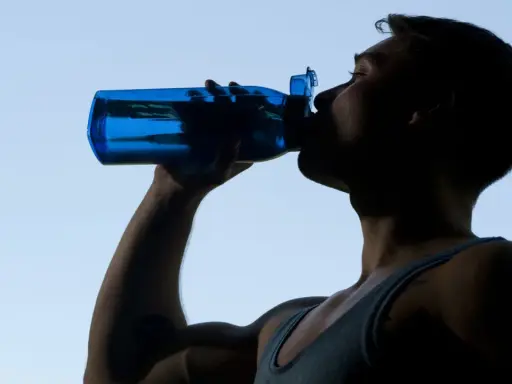 Mann trinkt aus blauer Flasche, erfrischt sich nach dem Sport.
