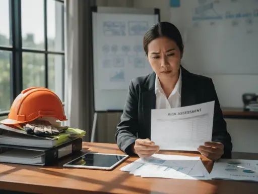 Une femme examine un questionnaire "Risk Assessment", peut-être pour un questionnaire risque pro AMELI. Casque de chantier et gants à proximité.