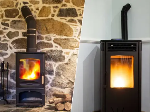 Comparaison de deux poêles : un poêle à bois traditionnel sur fond de pierre et un poêle à granulés moderne. Idéal pour installer un poêle à pellet.