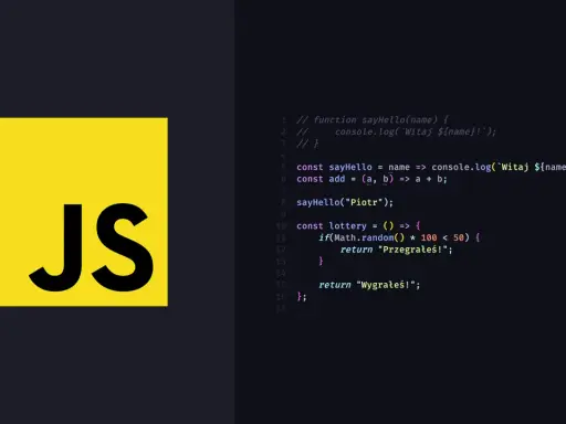 Logo JS obok kodu w JavaScript, który zawiera funkcję loterii. `js defer` w kodzie pozwala na asynchroniczne ładowanie skryptów.