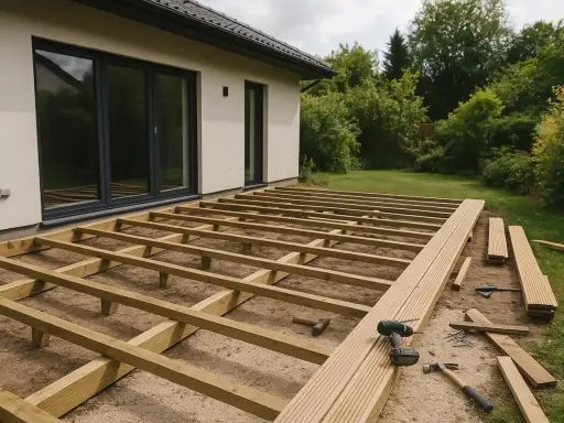 Rozpoczęta budowa tarasu przy domu. Drewniany stelaż czeka na deski, obok leżą narzędzia i materiały.
