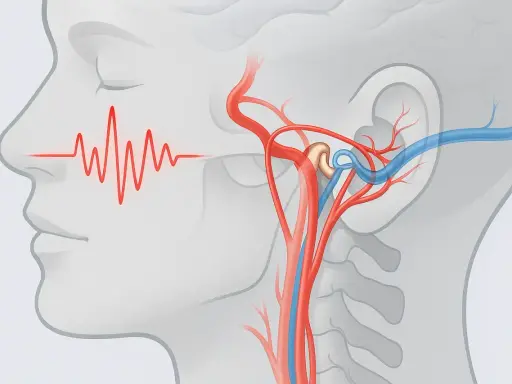 Pulssynchroner Tinnitus durch Nackenverspannung: Rote Wellen zeigen den Puls nahe dem Ohr, wo Blutgefäße und ein Gelenk dargestellt sind.