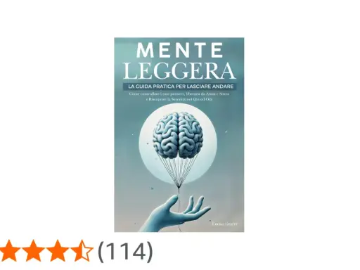 Copertina del libro "Mente Leggera", con un cervello che fluttua come una mongolfiera tenuta da una mano. Perfetto tra i libri rilassanti da leggere per trovare serenità.