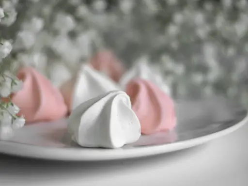Douceur aérienne de meringue italienne rose et blanche sur une assiette, avec des petites fleurs en arrière-plan.