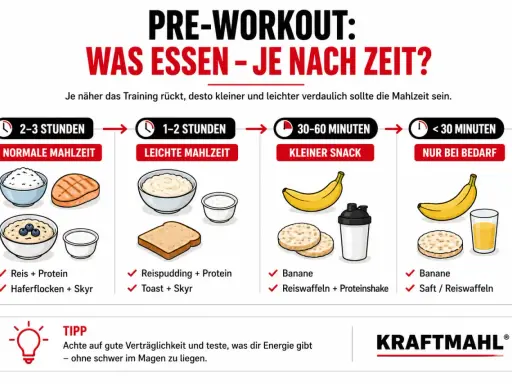 Pre-Workout-Mahlzeiten: Reis, Haferflocken, Bananen, Reiswaffeln – je nach Zeit vor dem Training.