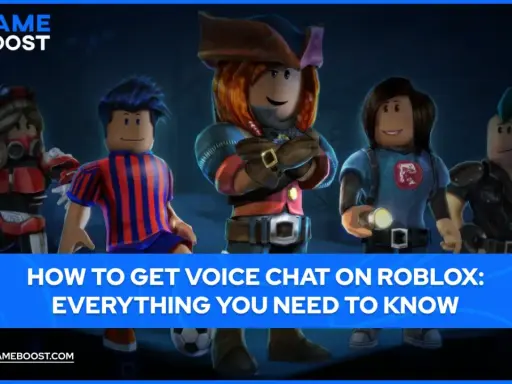 Pięciu graczy Roblox w różnych strojach, gotowych do rozmowy przez voice chat.