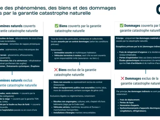 Synthèse des phénomènes, biens et dommages couverts par la garantie catastrophe naturelle. Inclut les biens et dommages couverts, ainsi que les exclusions, pour une meilleure compréhension de la catastrophe naturelle.