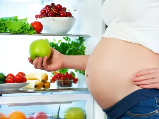 Gravid kvinna tar ett grönt äpple ur kylen fylld med färsk frukt och grönsaker. Hon njuter av hälsosam mat under sin soja graviditet.
