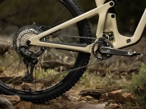 Tylna przerzutka i kaseta roweru górskiego z napędem Shimano Deore XT.