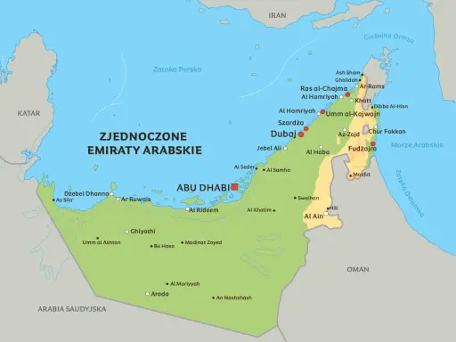 Mapa Zjednoczonych Emiratów Arabskich z zaznaczonymi miastami jak Dubaj, Abu Zabi, Szardża i Al Ain.