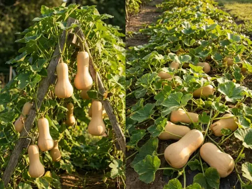 Butternuts grimpent sur un treillage et s'étalent au sol. Idéal pour savoir où planter le butternut dans le potager pour une récolte abondante.