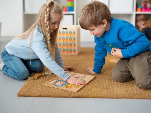 Dzieci na dywanie układają puzzle, ćwicząc spostrzegawczość. To nauka przez zabawę, zgodna z metodą Montessori.