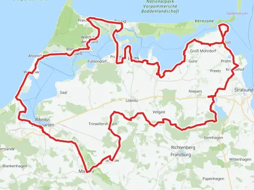 Mapa z zaznaczonymi trasami rowerowymi w Niemczech, wiodącymi przez malownicze wybrzeże i park narodowy.