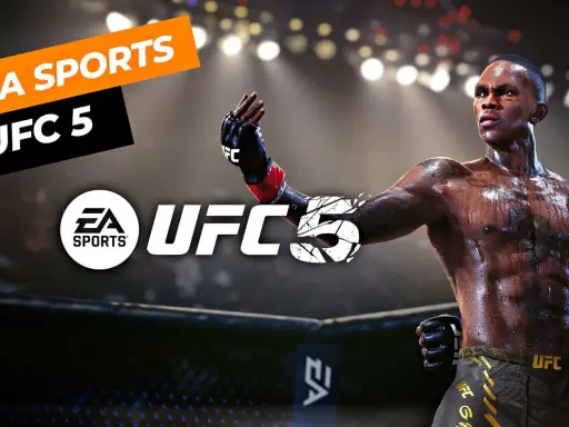 Zwycięski wojownik UFC na tle areny, logo EA SPORTS UFC 5.