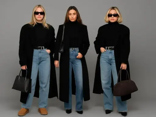 Trzy kobiety w czarnych, obszernych płaszczach i jeansach. Modny styl oversize.