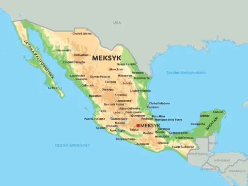 Mapa polityczna Meksyku, pokazująca jego położenie między Zatoką Kalifornijską, Zatoką Meksykańską i Oceanem Spokojnym.