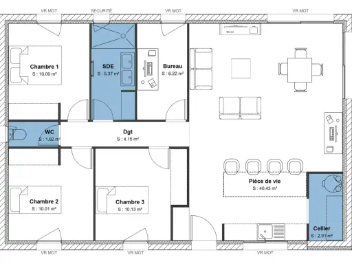 Plan d'une maison 90m2 avec 3 chambres, un bureau, une pièce de vie spacieuse, SDE, WC et cellier.
