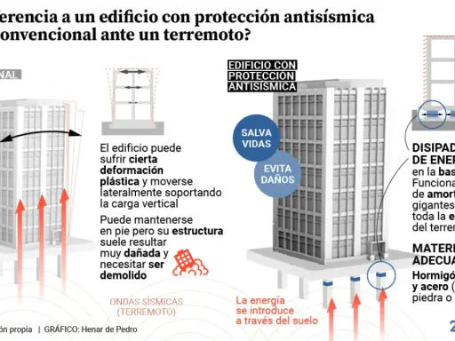 Comparación de estructuras de edificios: uno convencional sufre daños y uno antisísmico evita daños con disipadores de energía.