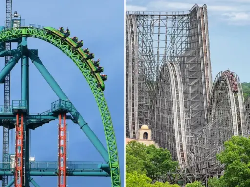Zielona kolejka górska Kingda Ka i drewniana konstrukcja innej kolejki.