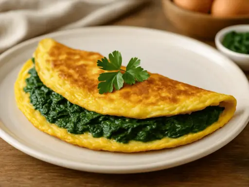 Złocisty omlet ze szpinakiem, udekorowany natką pietruszki, czeka na talerzu.
