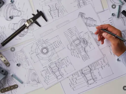 Un disegnatore meccanico cosa fa: studia disegni tecnici con misure precise, usando calibro e penna per progettare componenti meccanici.