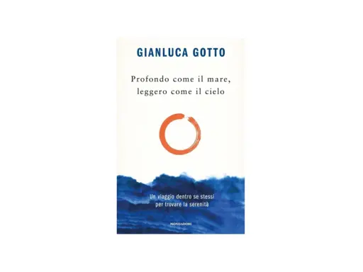 Copertina libro "Profondo come il mare, leggero come il cielo" di Gianluca Gotto. Un cerchio arancione su sfondo chiaro, con onde blu in basso.