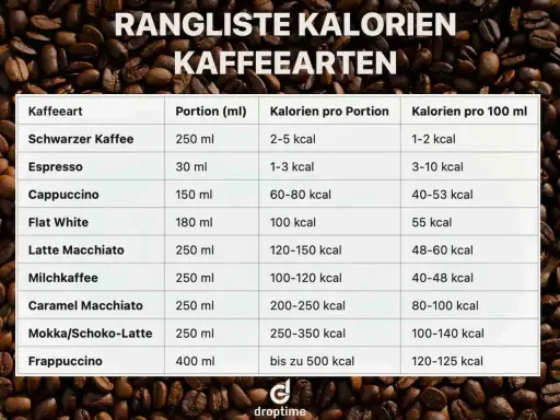 Tabelle zeigt Kaffeearten und Kalorien. Espresso hat nur 1-3 kcal pro Portion.