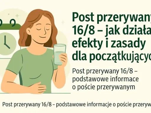 Kobieta z wodą, obok kalendarz z zegarem. Grafika wyjaśnia, na czym polega post przerywany 16/8.