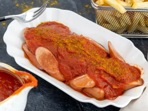 Currywurst mit Pommes und einer köstlichen Currysoße, die Lust auf das Currysoße Rezept macht.