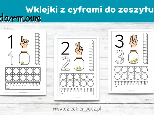 Darmowe cyfry do druku: 1, 2, 3 z podpowiedziami do pisania, słoikami i liczydłami. Idealne do nauki liczenia.