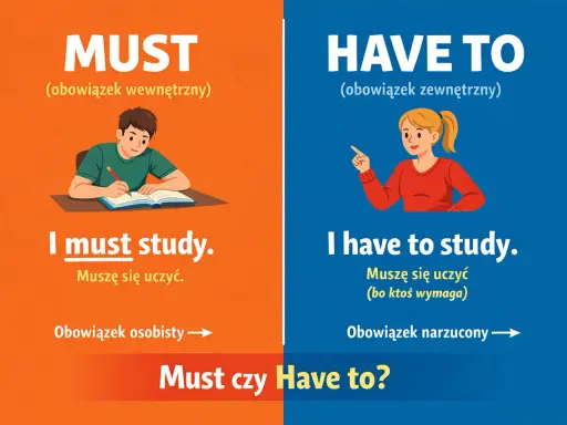Chłopiec uczy się z własnej woli (must), dziewczynka uczy się, bo ktoś tego wymaga (have to).