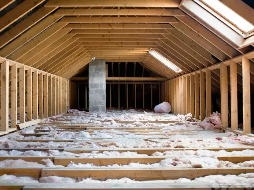 Aménagement de combles : pose de l'isolation thermique sur les solives en bois. Un rouleau d'isolant est visible.