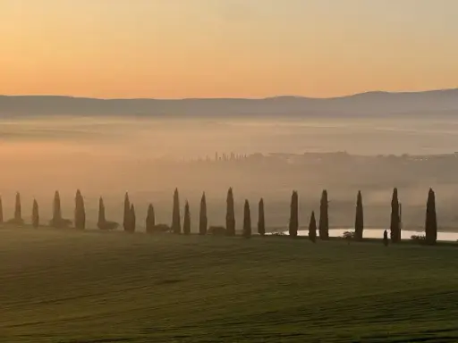 Alba nebbiosa in Toscana Val d'Orcia, con filari di cipressi che costeggiano una strada, colline sfumate e un cielo aranciato.
